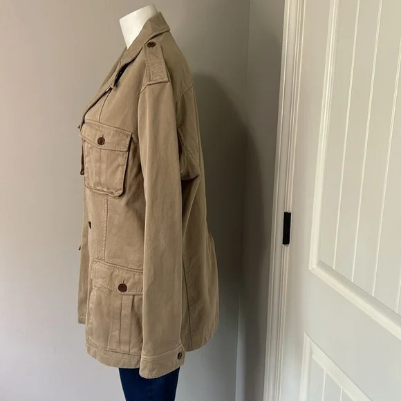 BANANA REPUBLIC Twill Utility Military Jacket Khaki Tan Womens Sz L NEW